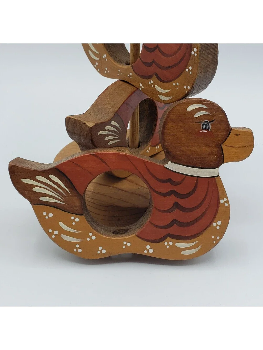 Folk Art Napkin Rings Hand Painted Wood Duck  With Stand Country Farm Core